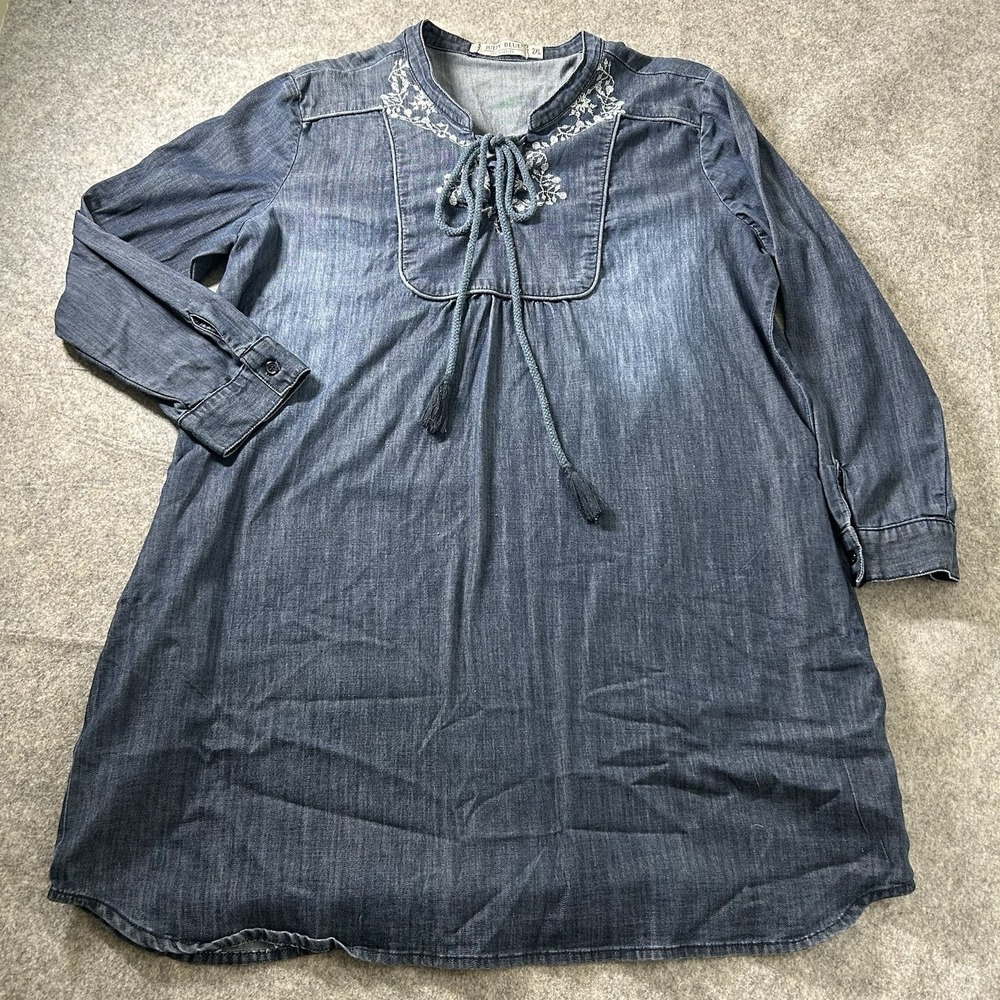 Judy Blue Dress 2XL Chambray Denim Floral Embroidered Tassel Boho Hippie Rodeo